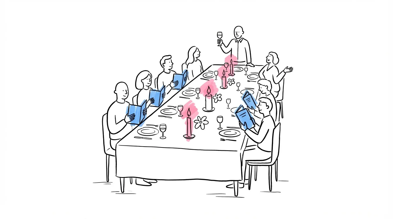 Bröllopsmiddag — gäster sjunger ur sånghäften med levande ljus på borden, i Lovios rosa och blå illustrationsstil