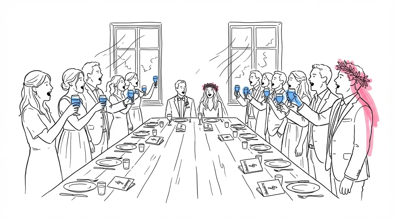 Svenska bröllopstraditioner — gäster sjunger snapsvisor vid ett långbord med höjda glas, i Lovios rosa och blå illustrationsstil