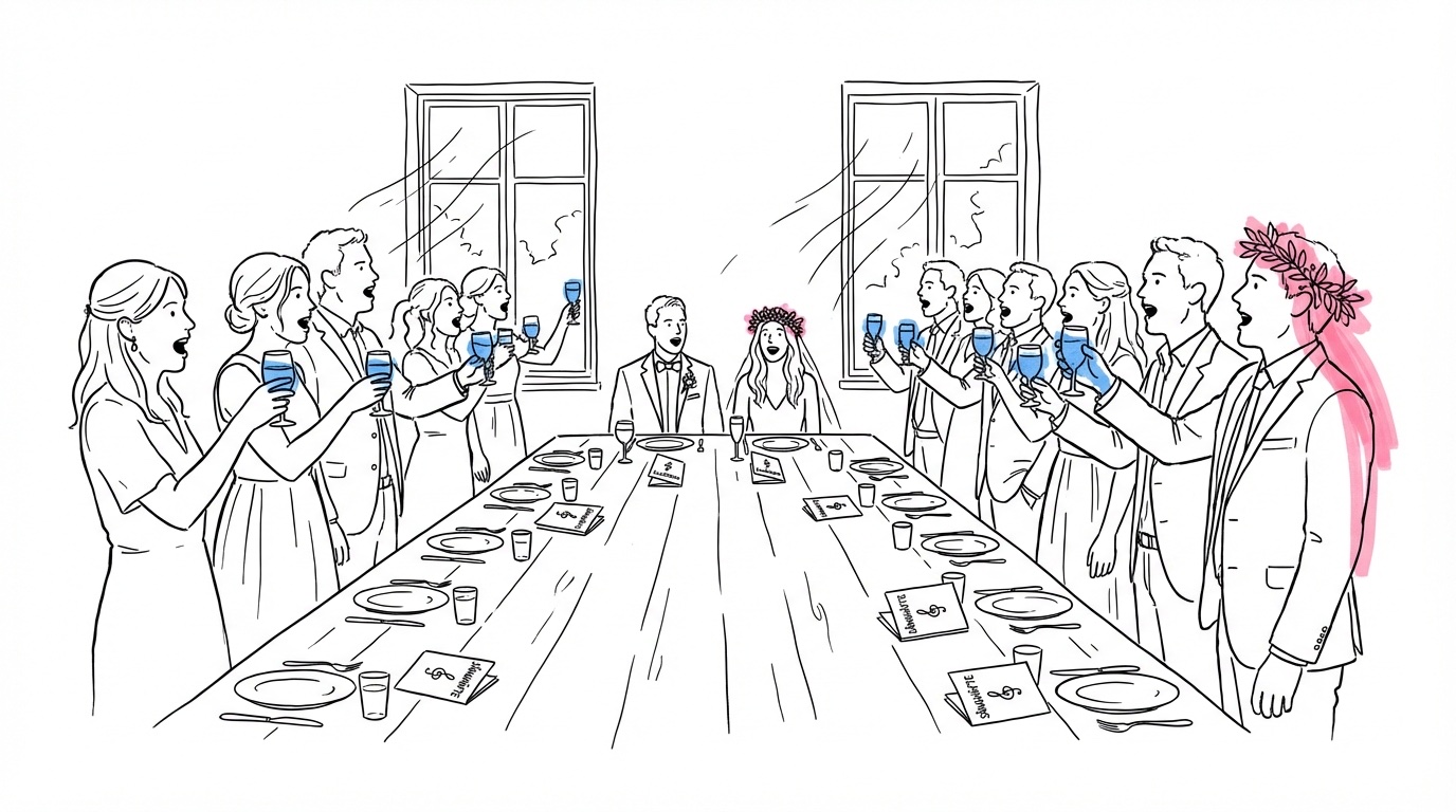 Bröllopstraditioner i Sverige — gäster sjunger snapsvisor vid ett långbord med höjda glas och sånghäften