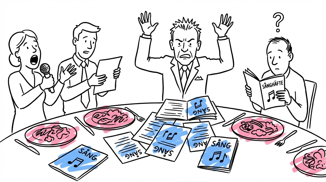 Kaotisk bröllopsmiddag med för många traditioner samtidigt