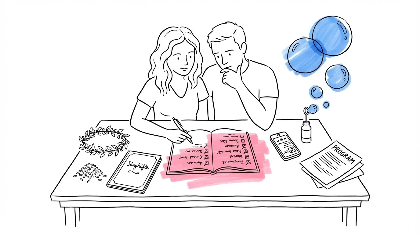 Par planerar sina bröllopstraditioner med anteckningar och inspiration, i Lovios rosa och blå illustrationsstil