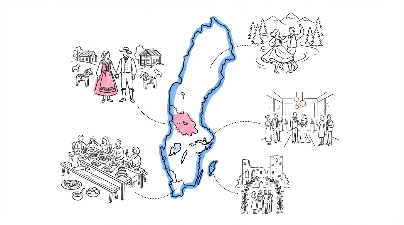 Kartliknande komposition över Sverige med regionala bröllopstraditioner, i Lovios rosa och blå illustrationsstil