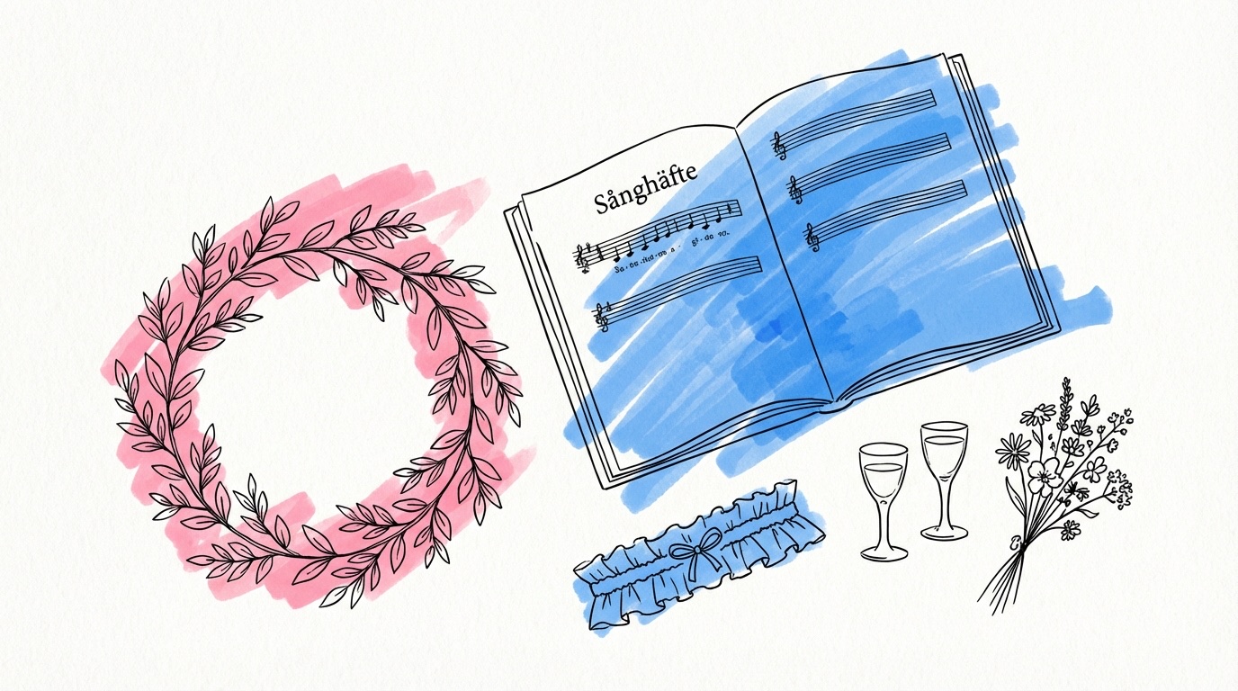 Stilleben av svenska bröllopstraditioner — sånghäfte, myrtenkrona, blått strumpeband och snapsglas
