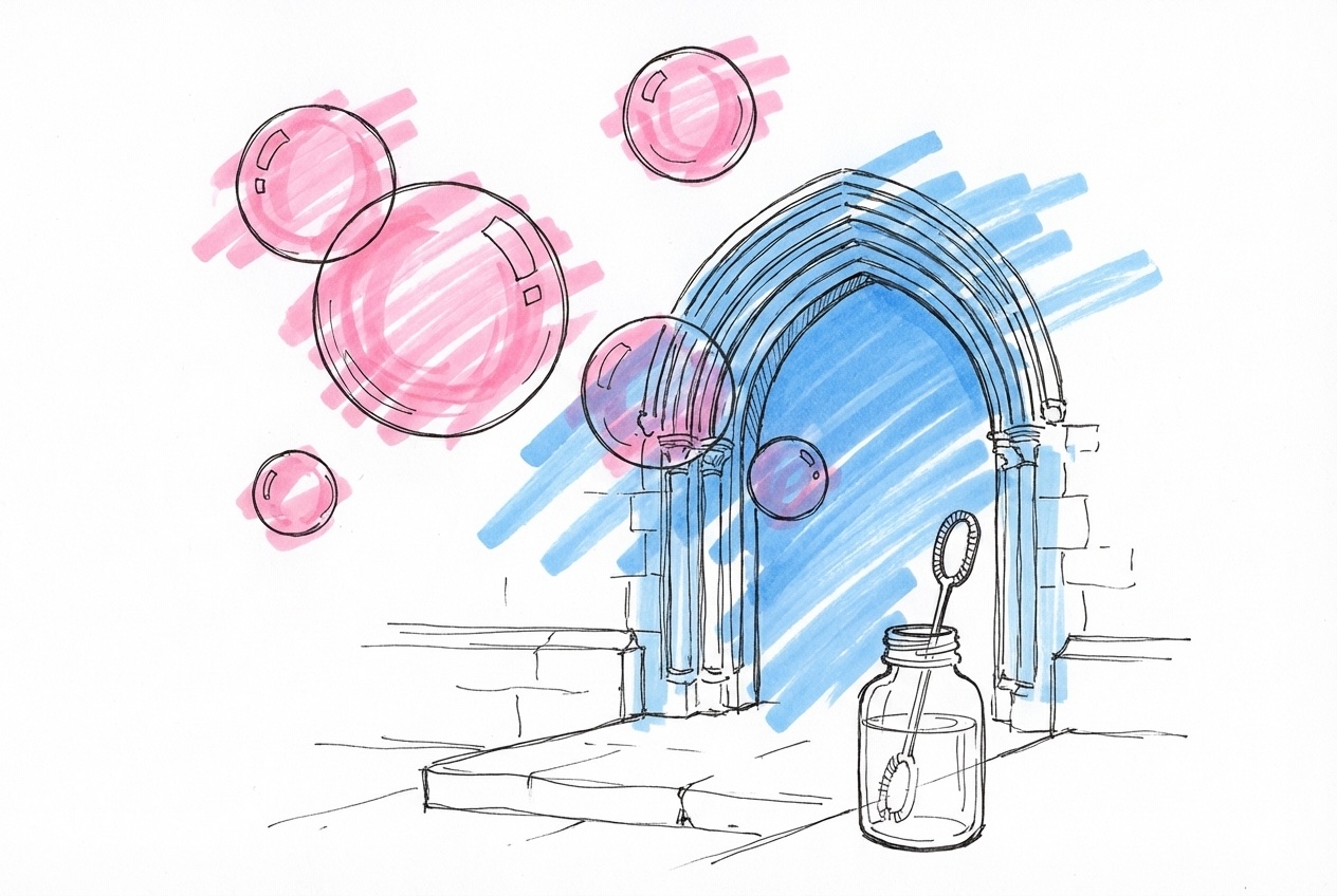 Såpbubblor som svävar i luften nära en kyrkdörr, med en liten bubbelbehållare i förgrunden, i Lovios rosa och blå illustrationsstil