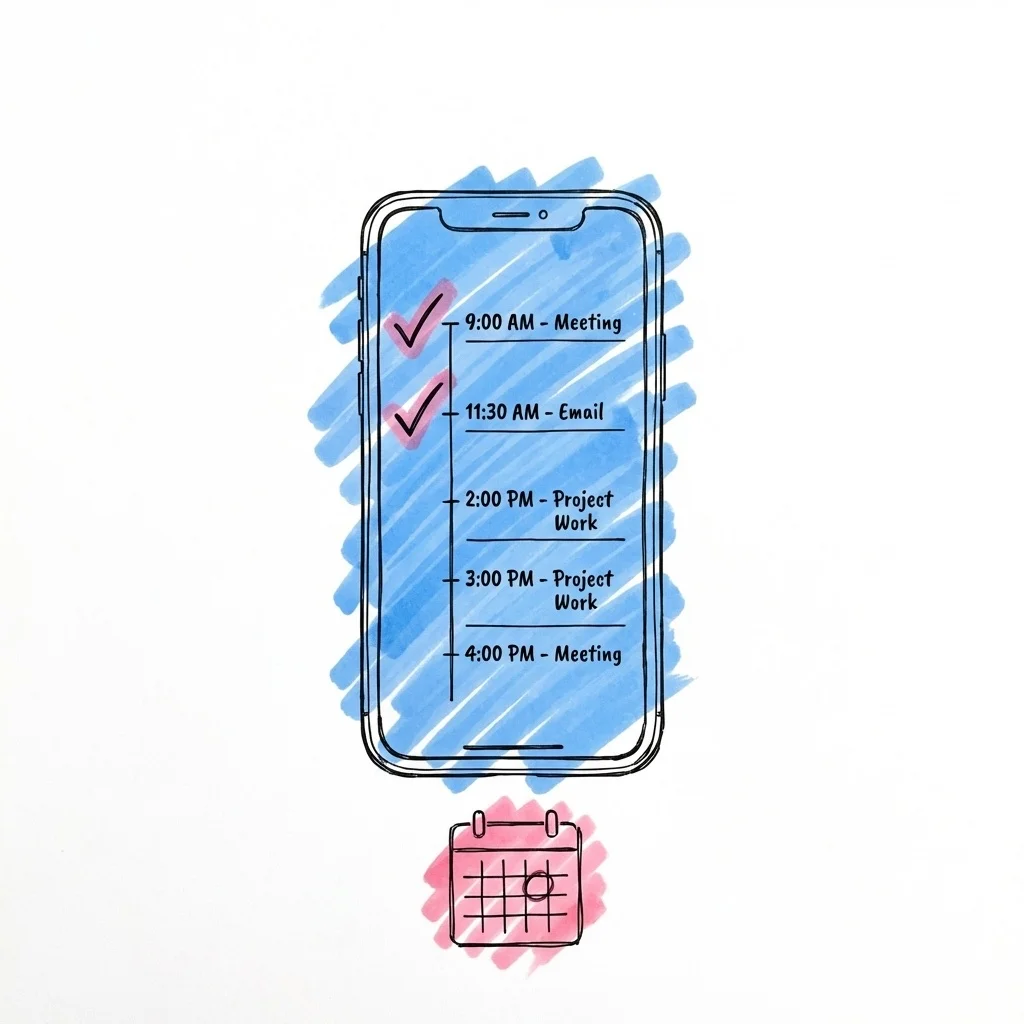 Smartphone med ett dagsschema med bockmarkeringar bredvid en dokumentikon, i Lovios rosa och blå illustrationsstil