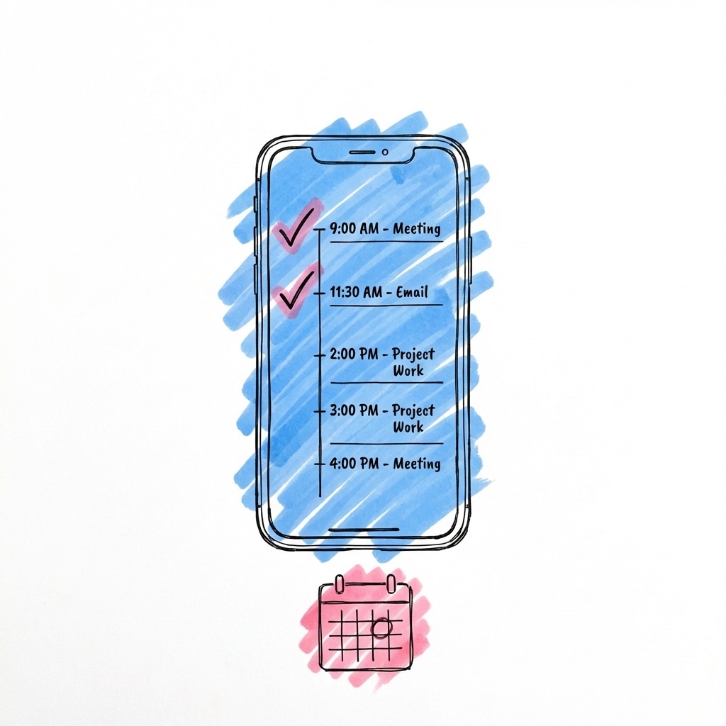 Smartphone med ett dagsschema med bockmarkeringar bredvid en dokumentikon, i Lovios rosa och blå illustrationsstil