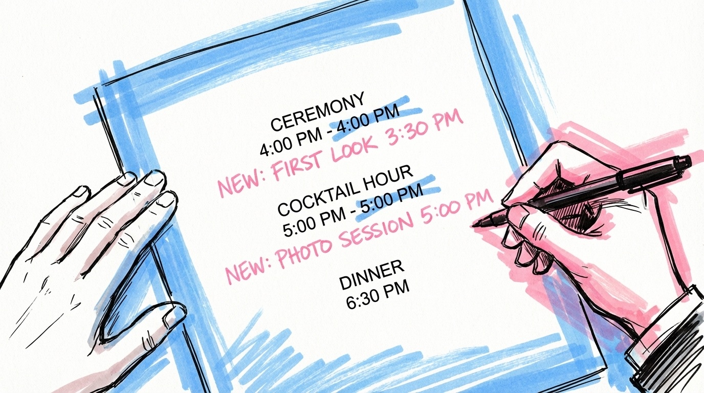 Bröllopsprogram med vissa punkter överstrukna och nya alternativ inskrivna, bredvid en penna och ett pars händer, i Lovios rosa och blå illustrationsstil