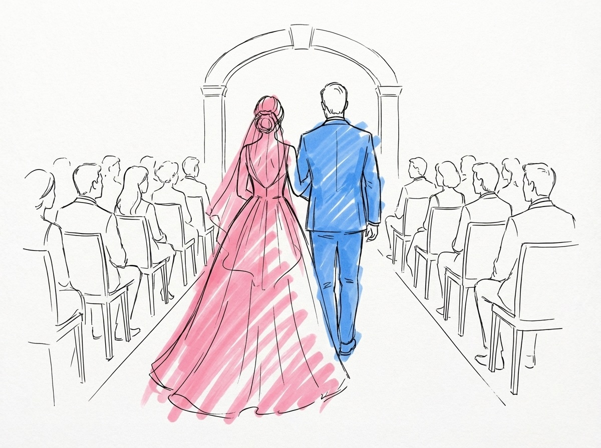 Par som går sida vid sida nerför en gång med gäster på båda sidor, sedda bakifrån, i Lovios rosa och blå illustrationsstil