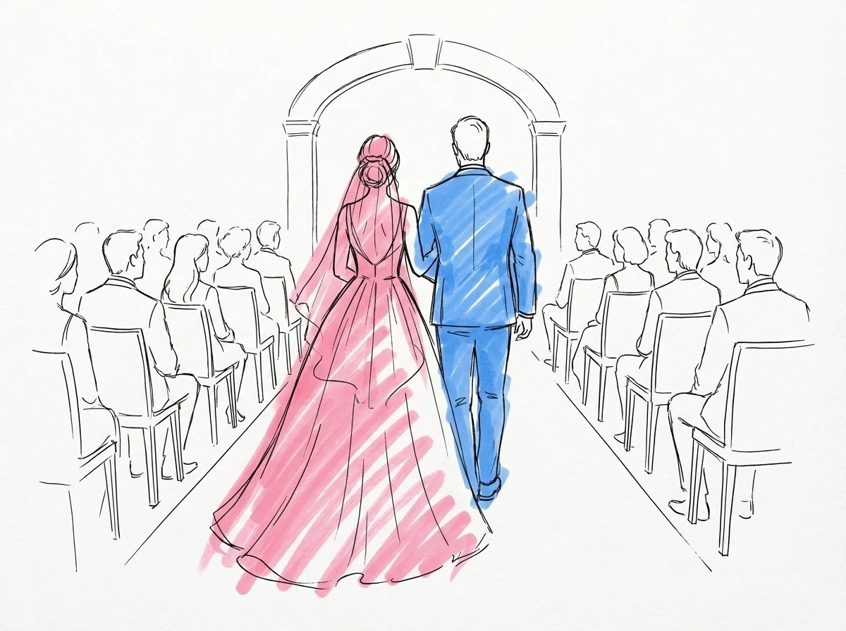 Par som går sida vid sida nerför en gång med gäster på båda sidor, sedda bakifrån, i Lovios rosa och blå illustrationsstil