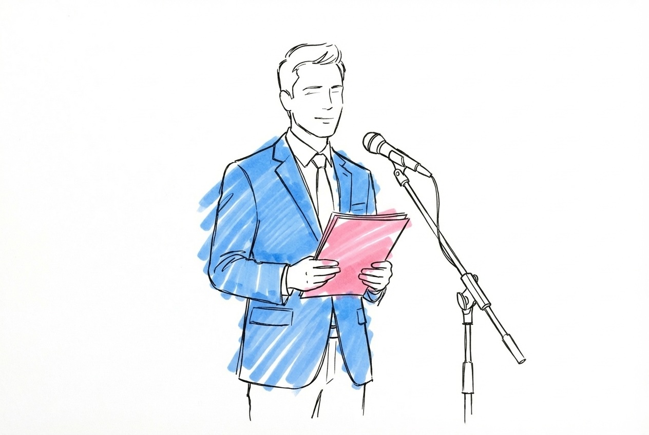 Toastmaster som håller ett dokument och står bredvid en mikrofon, i Lovios rosa och blå illustrationsstil