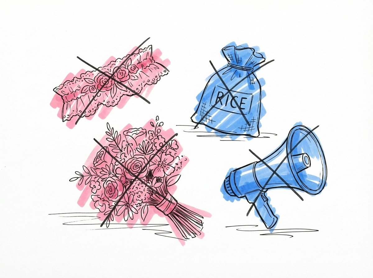 Samling traditionella bröllopsföremål — strumpeband, rispåse, bukett och megafon — med lätta kryssmarkeringar, i Lovios rosa och blå illustrationsstil