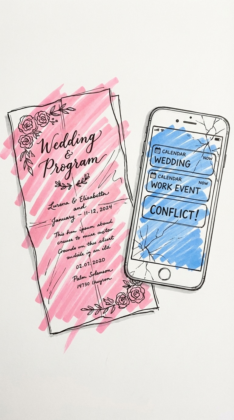 Ihopskrynklat bröllopsprogram bredvid en förvirrad telefonskärm med motstridiga meddelanden, i Lovios rosa och blå illustrationsstil