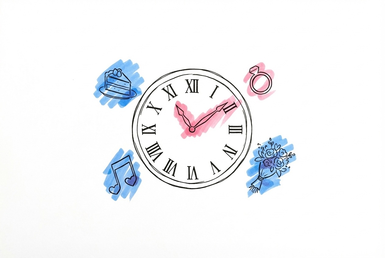 Klocka med bröllopsrelaterade ikoner runtom — ring, tårta, musiknot — som antyder begränsad tid och medvetna val, i Lovios rosa och blå illustrationsstil