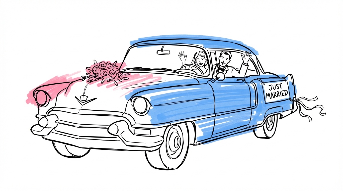 Veteranbil dekorerad med blommor och band — brud och brudgum syns genom fönstret