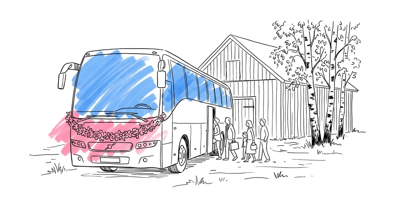 Transport bröllop — dekorerad charterbuss parkerad utanför en svensk landsbygdslokal med gäster som går ombord