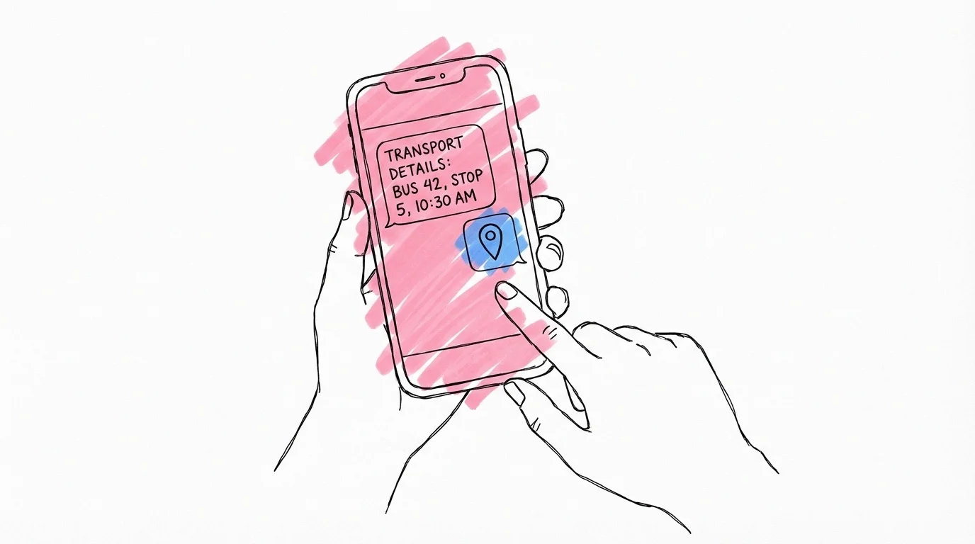 Smartphoneskärm som visar SMS med transportdetaljer och kartpunkt