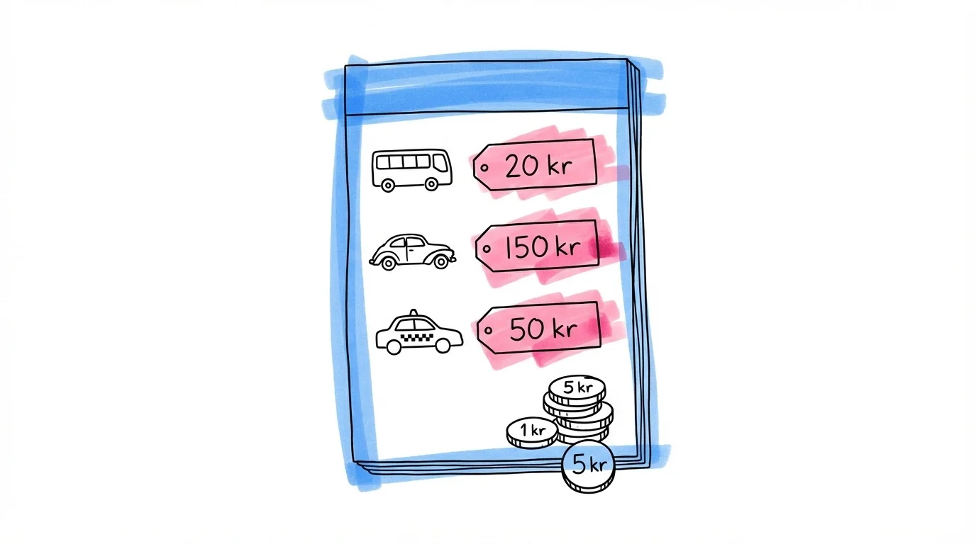 Budgetöversikt med kostnadskategorier för buss, veteranbil och taxi