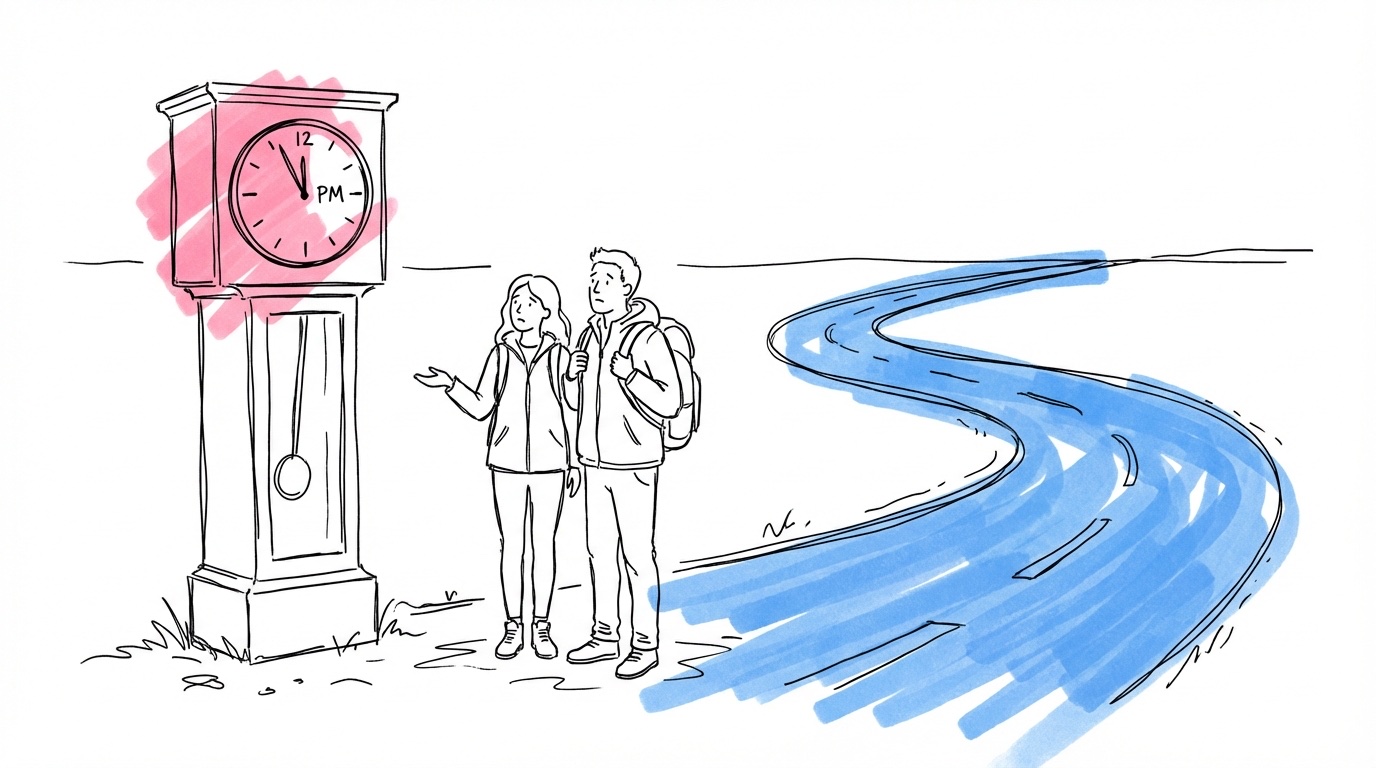 Förvirrat par vid vägkant med klocka som visar sen tid — vanliga transportmisstag