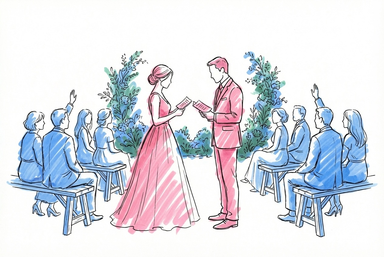 Par som utbyter handskrivna löften vid utomhusceremoni med gäster i halvcirkel och blommor i Lovios rosa och blå stil