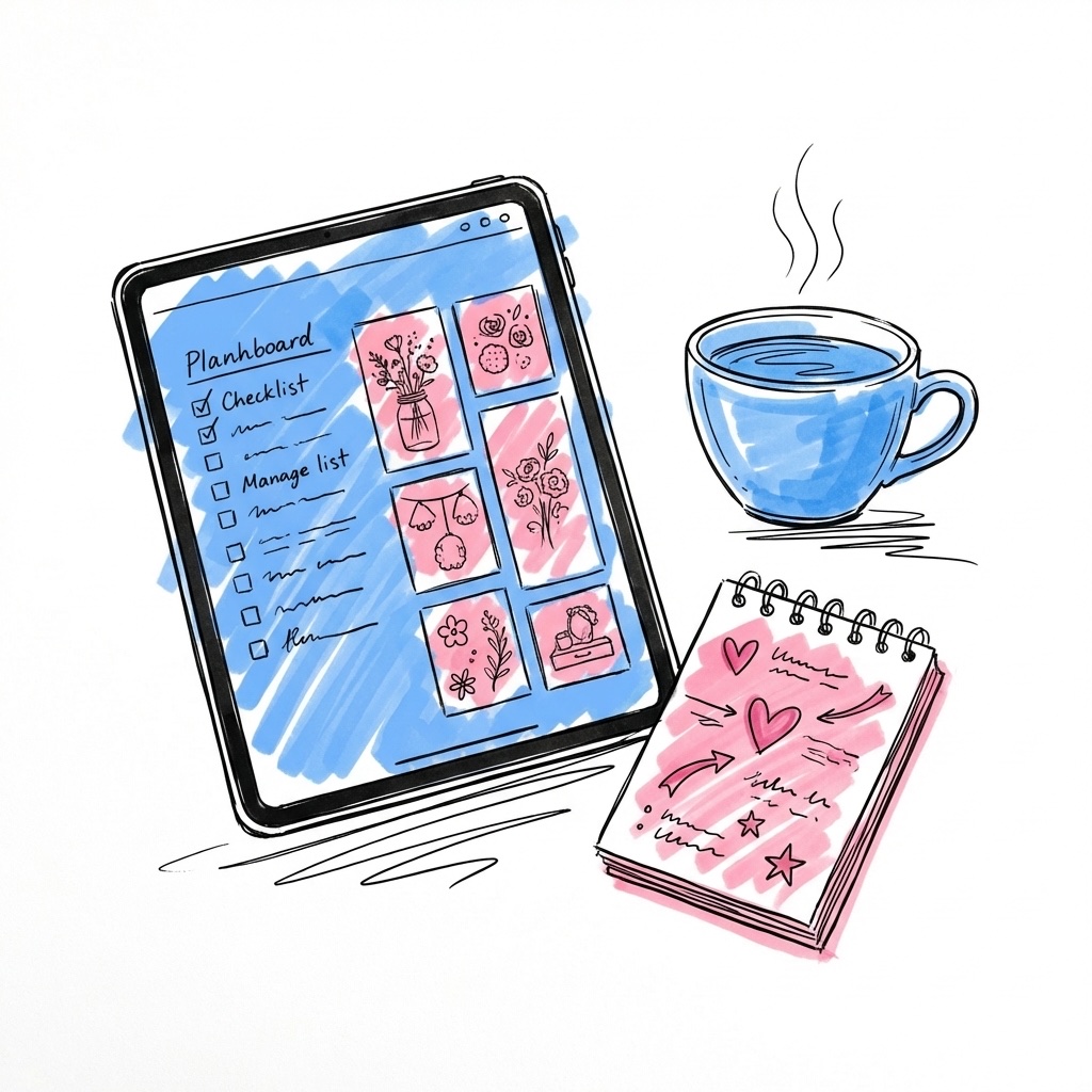 Surfplatta med bröllopsplaneringsdashboard, checklista och mood board-miniatyrer bredvid kaffekopp