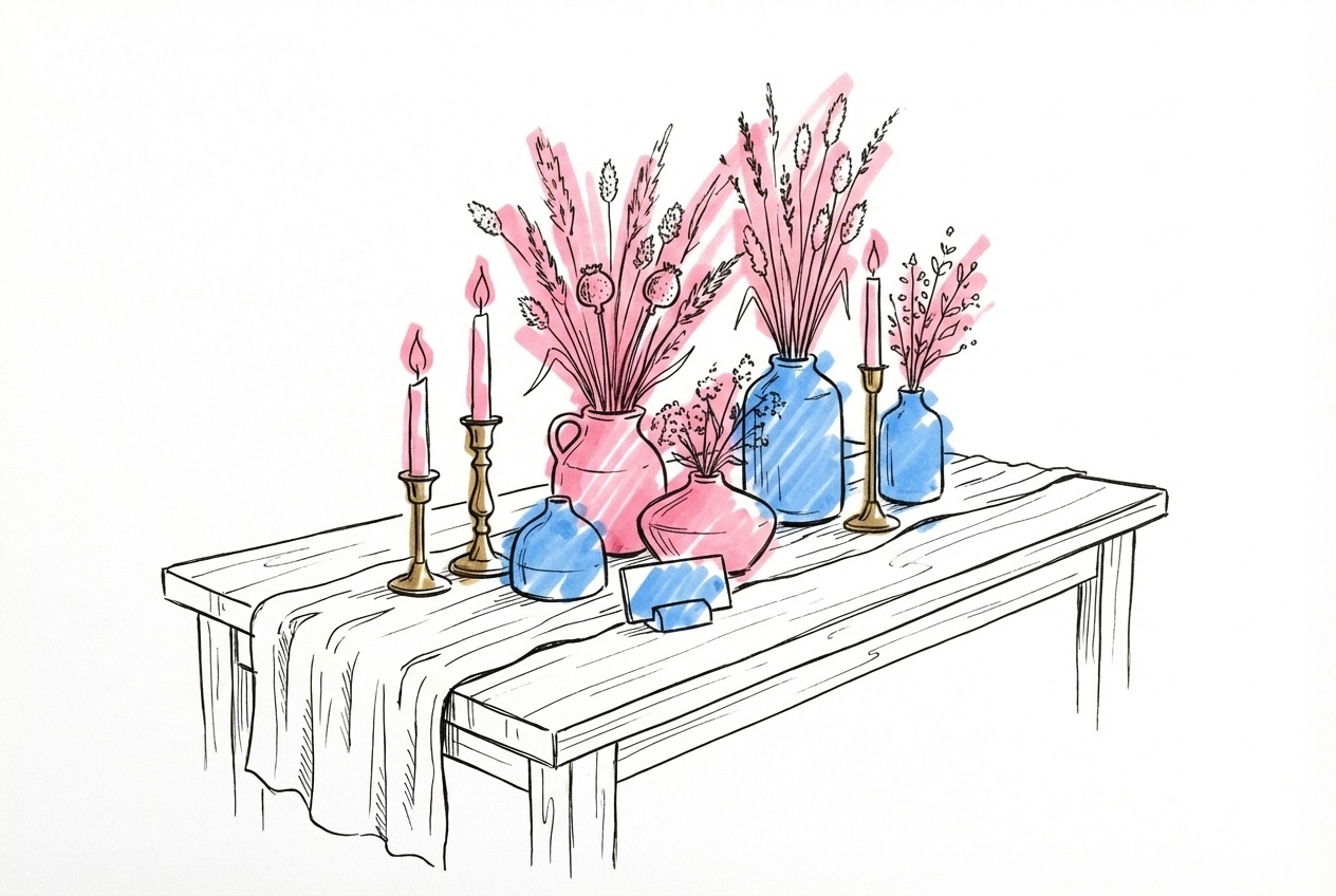 Bröllopsbord med stengodsvaser, torkade gräs, eukalyptus, linnservetter och mässingsljusstakar i Lovios stil