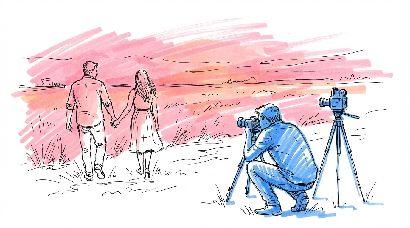 Par som går hand i hand genom ett fält i golden hour-ljus medan en fotograf fångar stunden på avstånd i Lovios stil