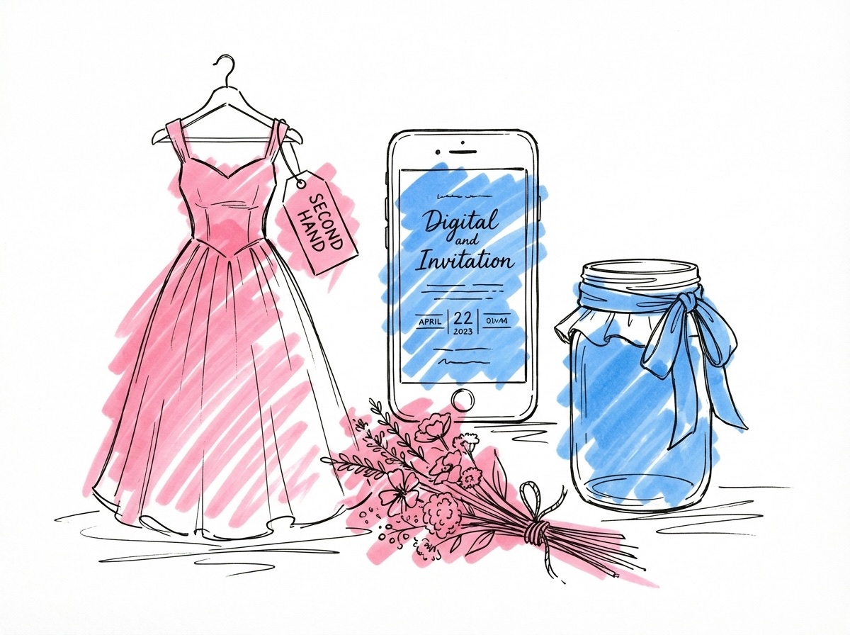 Stilleben med second-hand brudklänning, surfplatta med digital inbjudan, säsongsblommor och glasburkar som ljuslyktor i Lovios stil