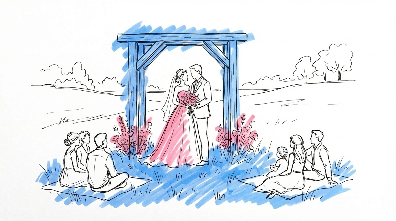 Par som står tillsammans vid en enkel timmerbåge i en naturlig trädgård med vildblommor och mjukt kvällsljus i Lovios rosa och blå illustrationsstil