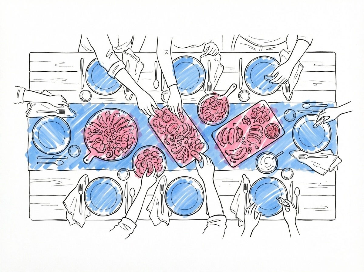 Långt bord sett uppifrån med sharing-fat, grillade grönsaker, bröd, såser och händer som sträcker sig mot maten i Lovios stil