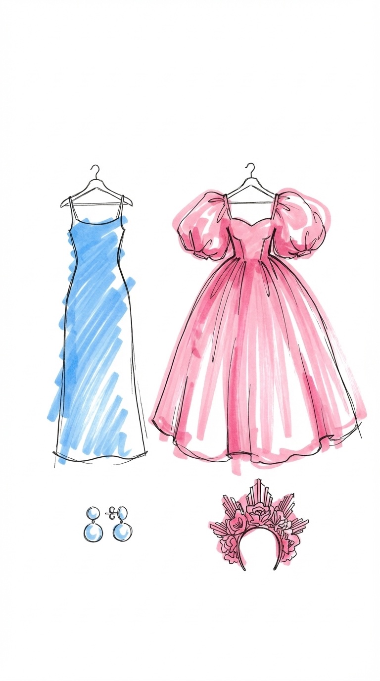 Två outfits sida vid sida — en minimalistisk sidenklänning och en dramatisk volangklänning med statement-örhängen och loafers i Lovios stil