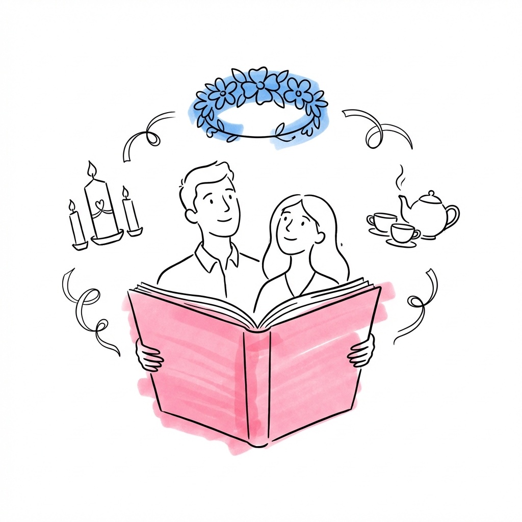 Illustration av par som planerar mångkulturellt bröllop med Lovios verktyg