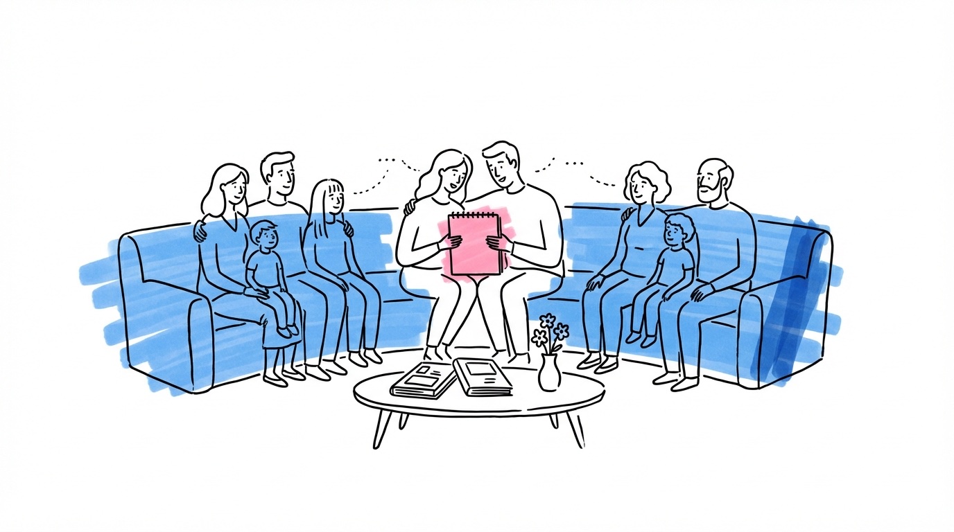 Illustration av två familjer i samtal med par i mitten som håller anteckningsbok