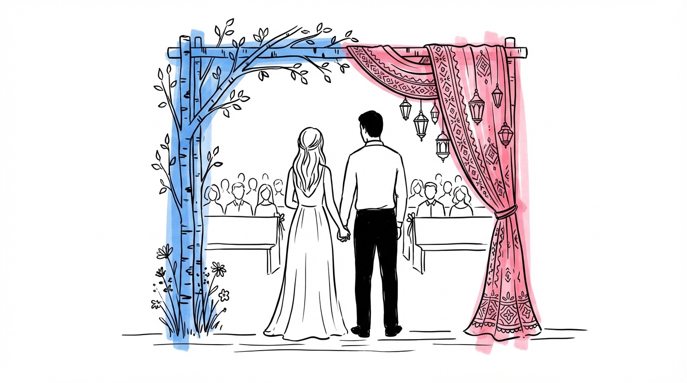 Illustration av vigselportal med kulturella element från två traditioner, brudpar hand i hand