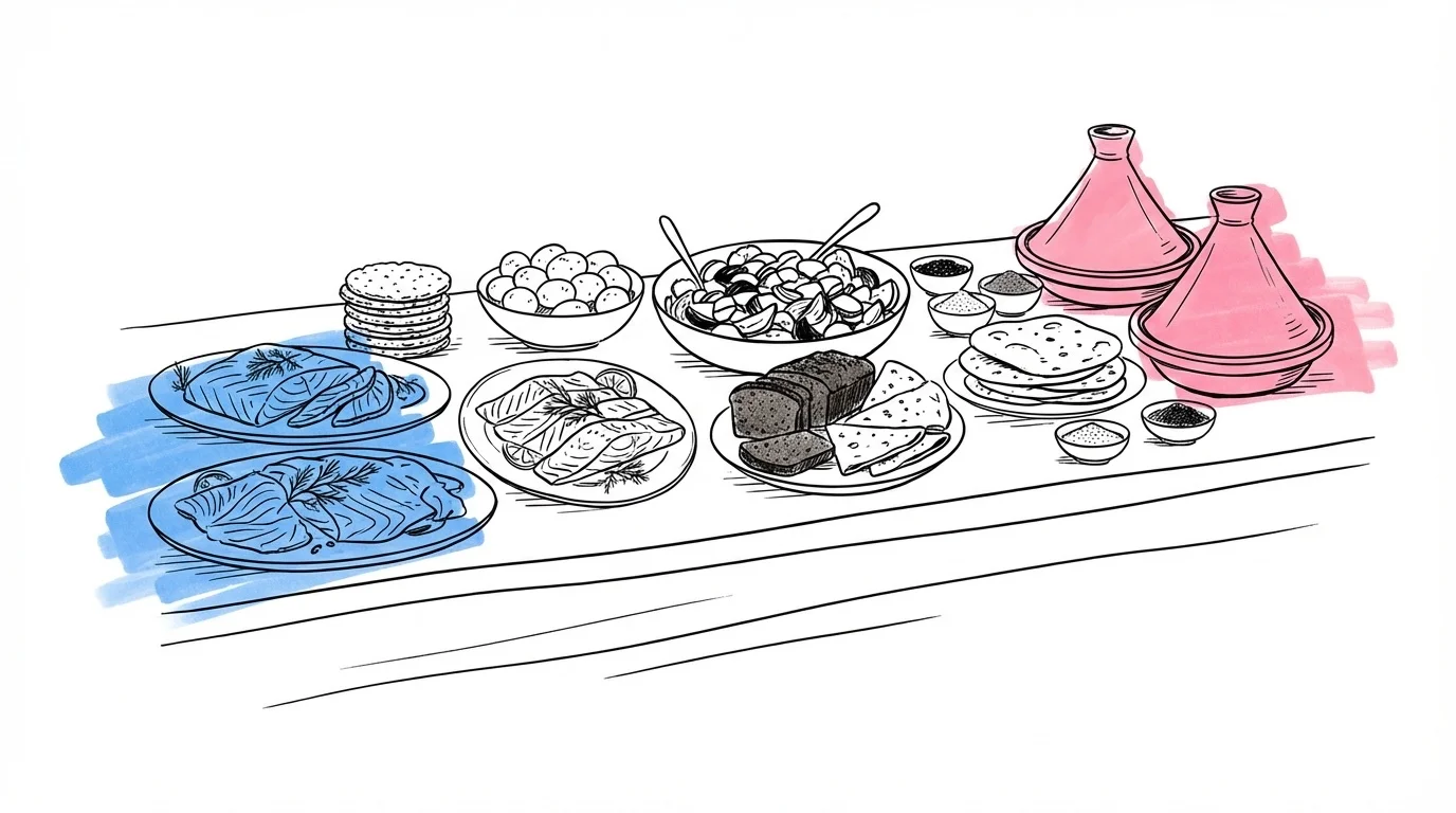 Illustration av långbord med nordisk mat i ena änden och internationella rätter i den andra