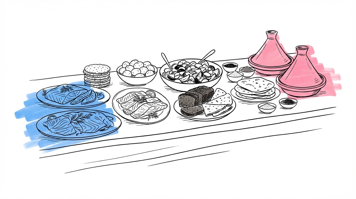 Illustration av långbord med nordisk mat i ena änden och internationella rätter i den andra