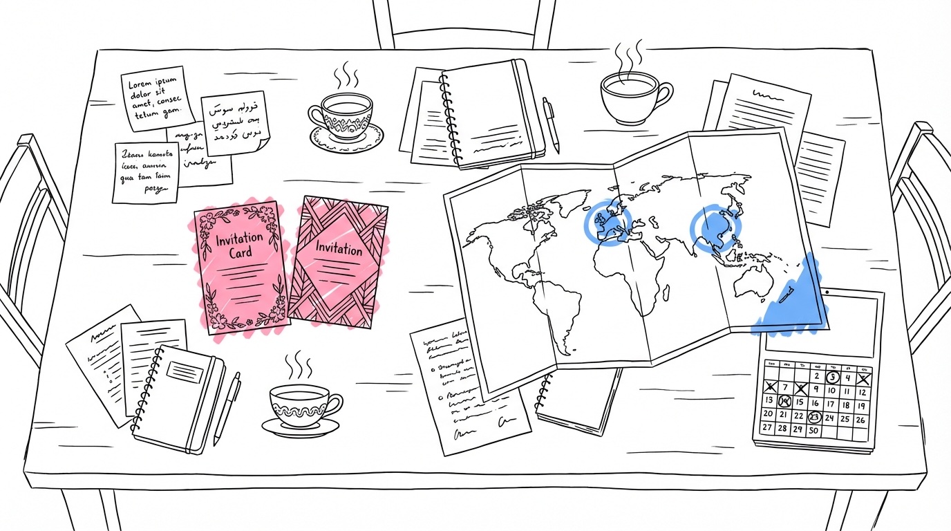 Illustration av planeringsbord med inbjudningar, världskarta och material från två kulturer