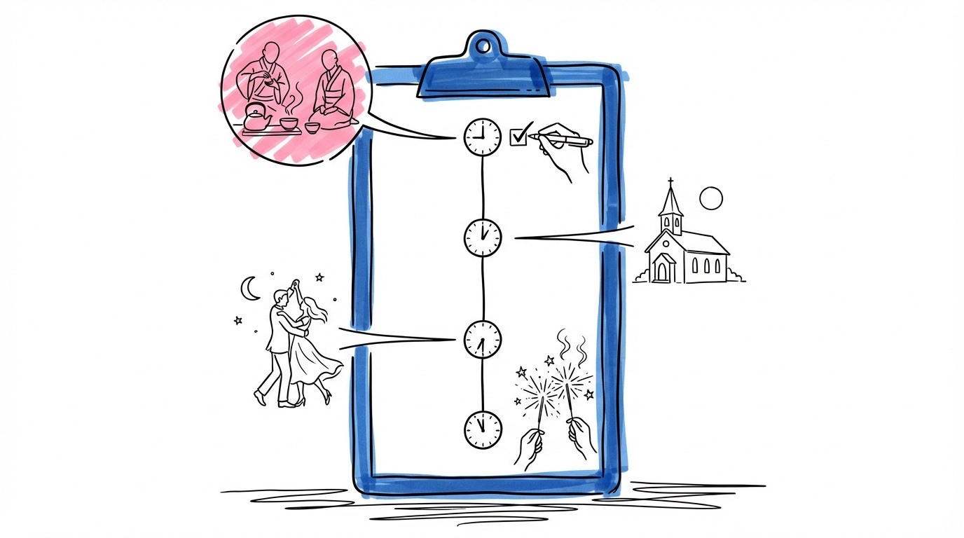 Illustration av vertikal tidslinje på clipboard med klockikoner och bröllopsvinjetter