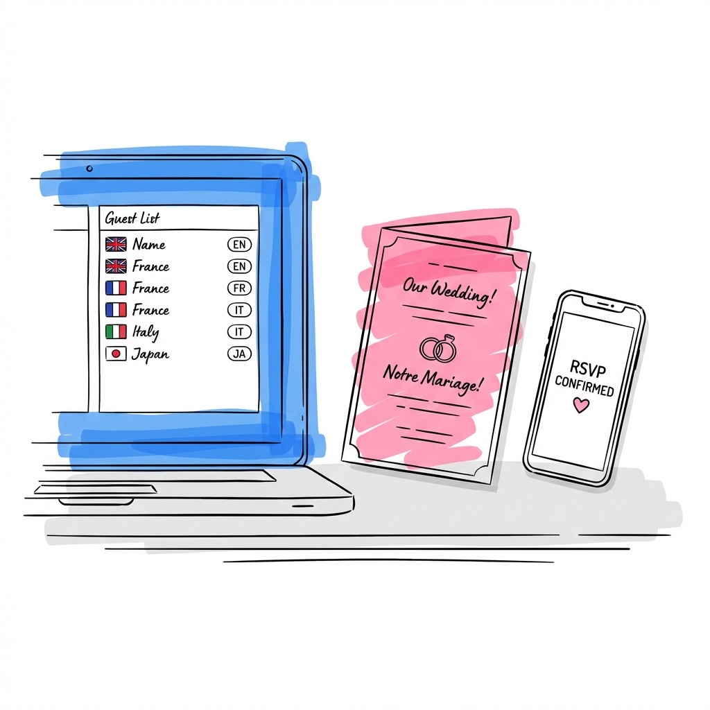 Laptop med gästlista där språktaggar syns bredvid gästnamn, en tvåspråkig inbjudan och en telefon med OSA-bekräftelse