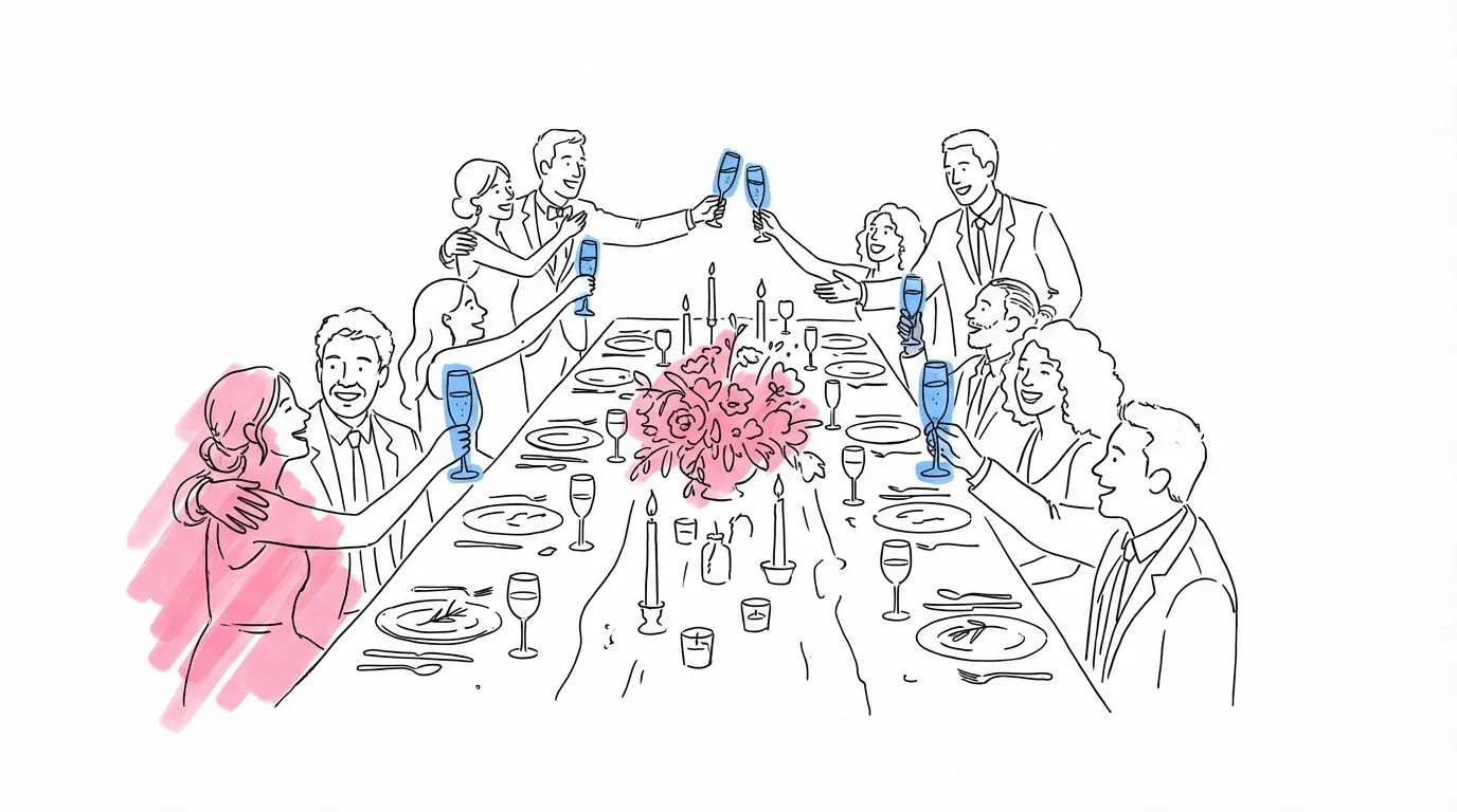 Tvåspråkigt bröllop — festlig mottagning med mångkulturell grupp av gäster som minglar, skålar och samtalar runt ett långt middagsbord med ljus och blommor