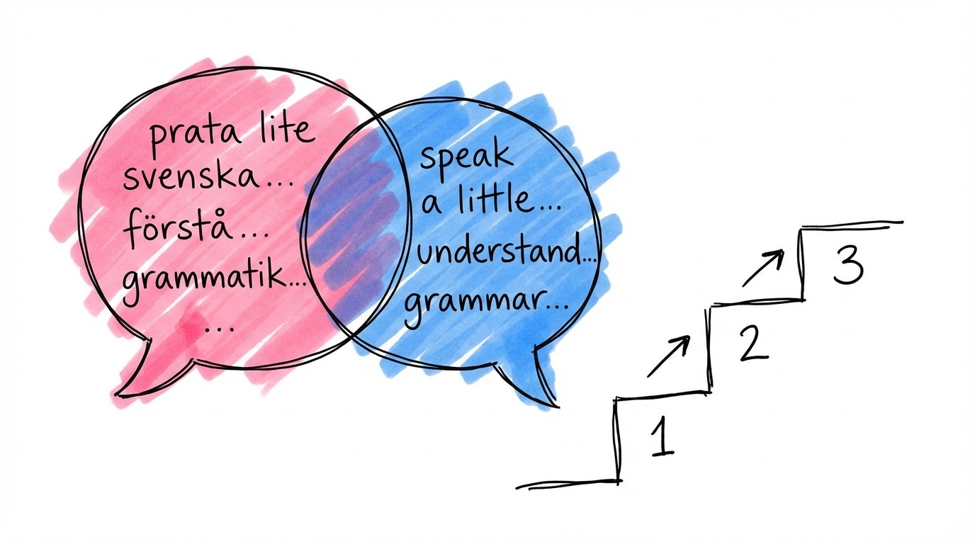 Två överlappande pratbubblor med svenska och engelska textfragment, bredvid en trappstegsikon med tre nivåer