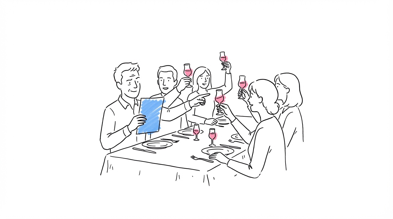 Gäster vid middagsbord som lyfter snapsglas, en gäst håller ett sångblad och ser road men förvånad ut medan grannen pekar på texten