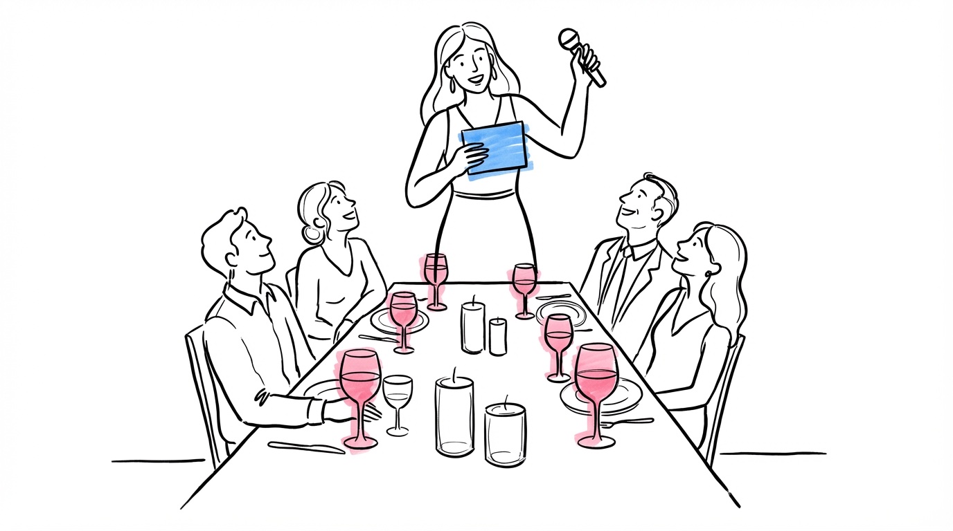 Person som står vid ett middagsbord och håller ett tal med mikrofon i ena handen och minneslappar i den andra