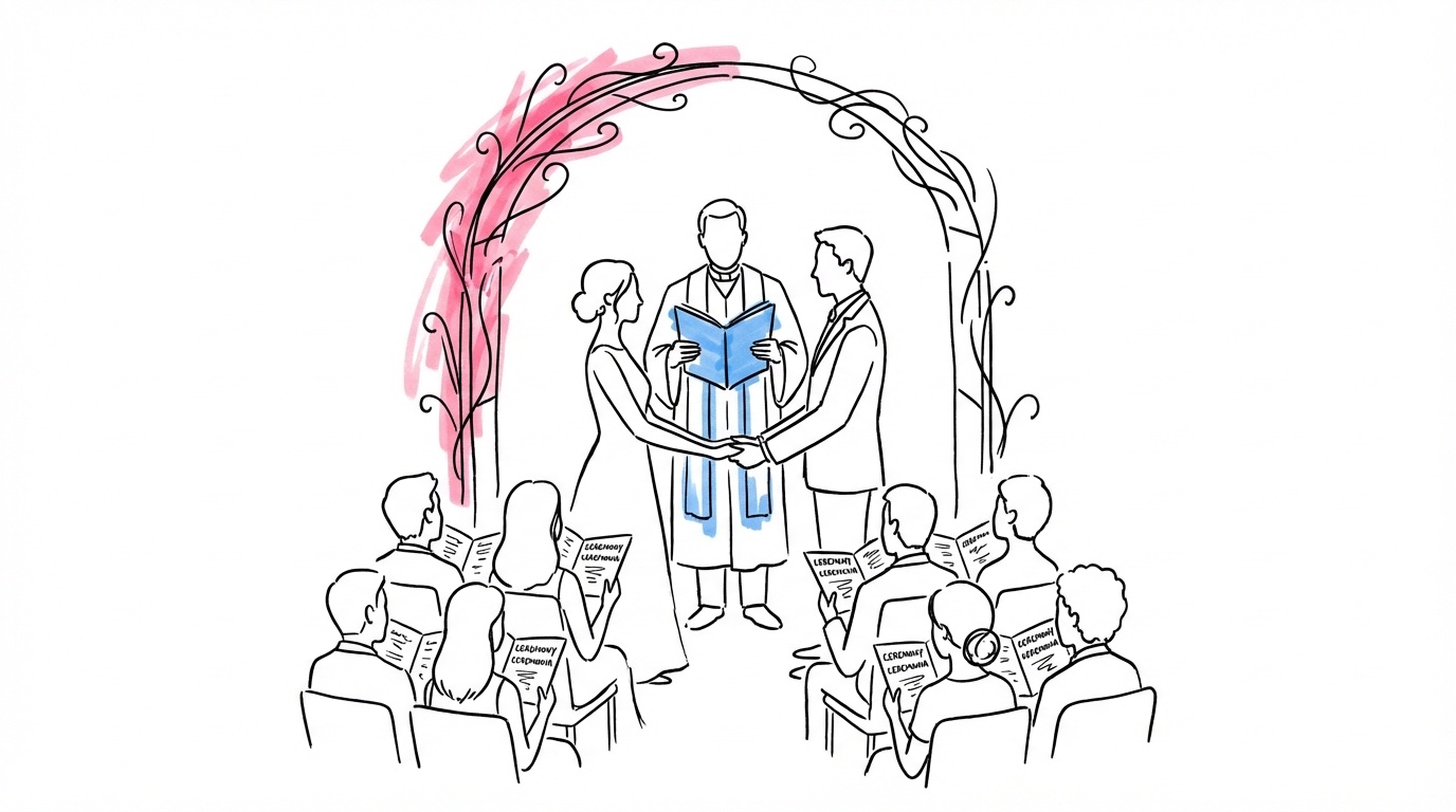 Vigselceremoni med förrättare som håller en öppen bok framför ett par under en enkel båge, sittande gäster håller tvåspråkiga programblad