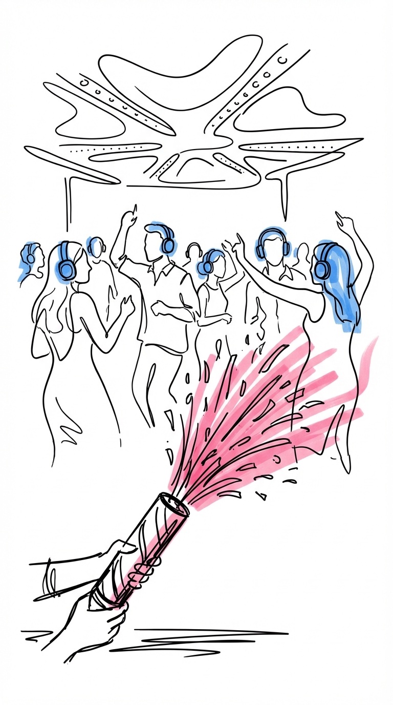 Dansgolv med konfetti och gäster med silent disco-hörlurar