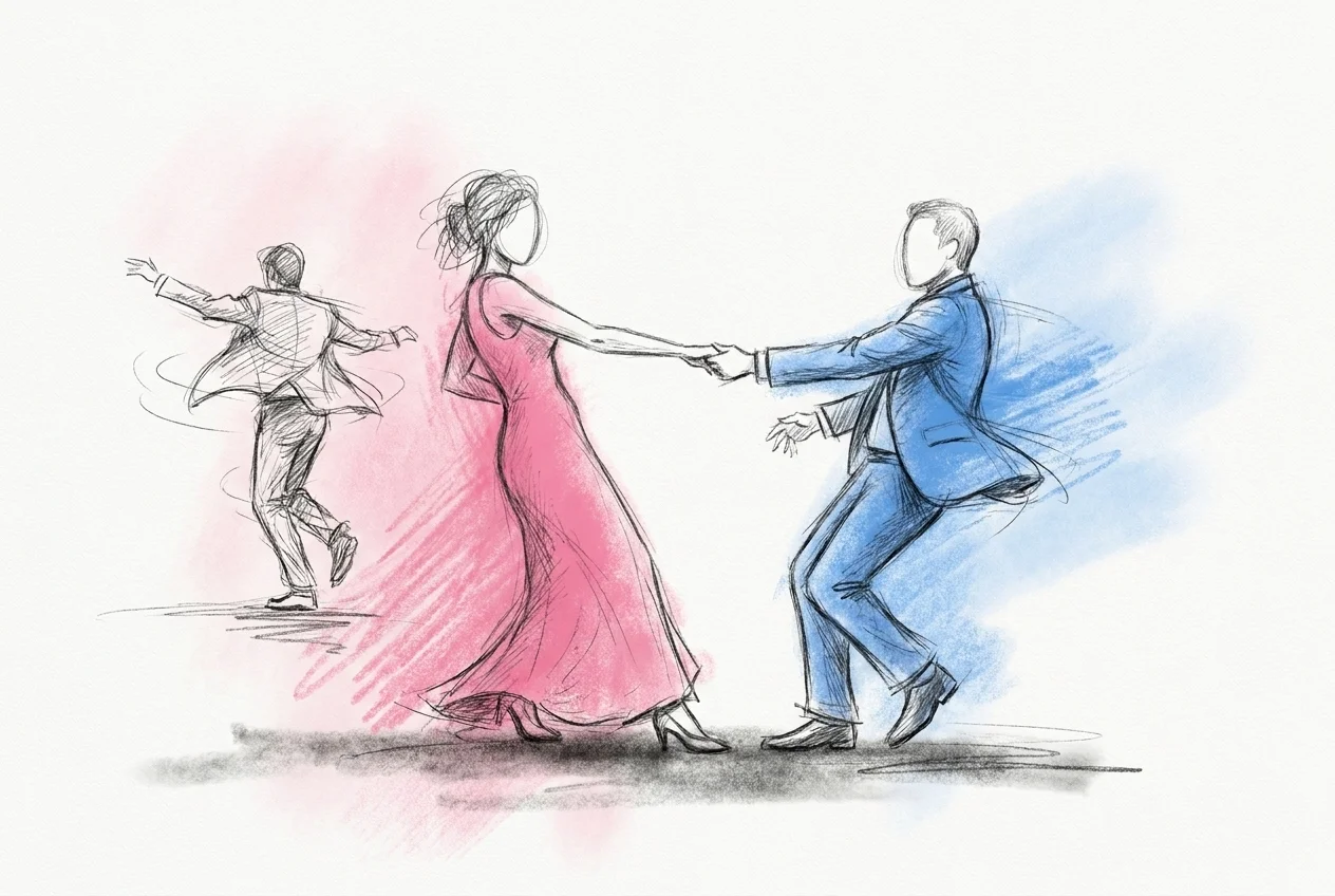 En liten grupp bröllopsgäster i rörelse på dansgolvet, en gäst drar med sig en annan för att dansa