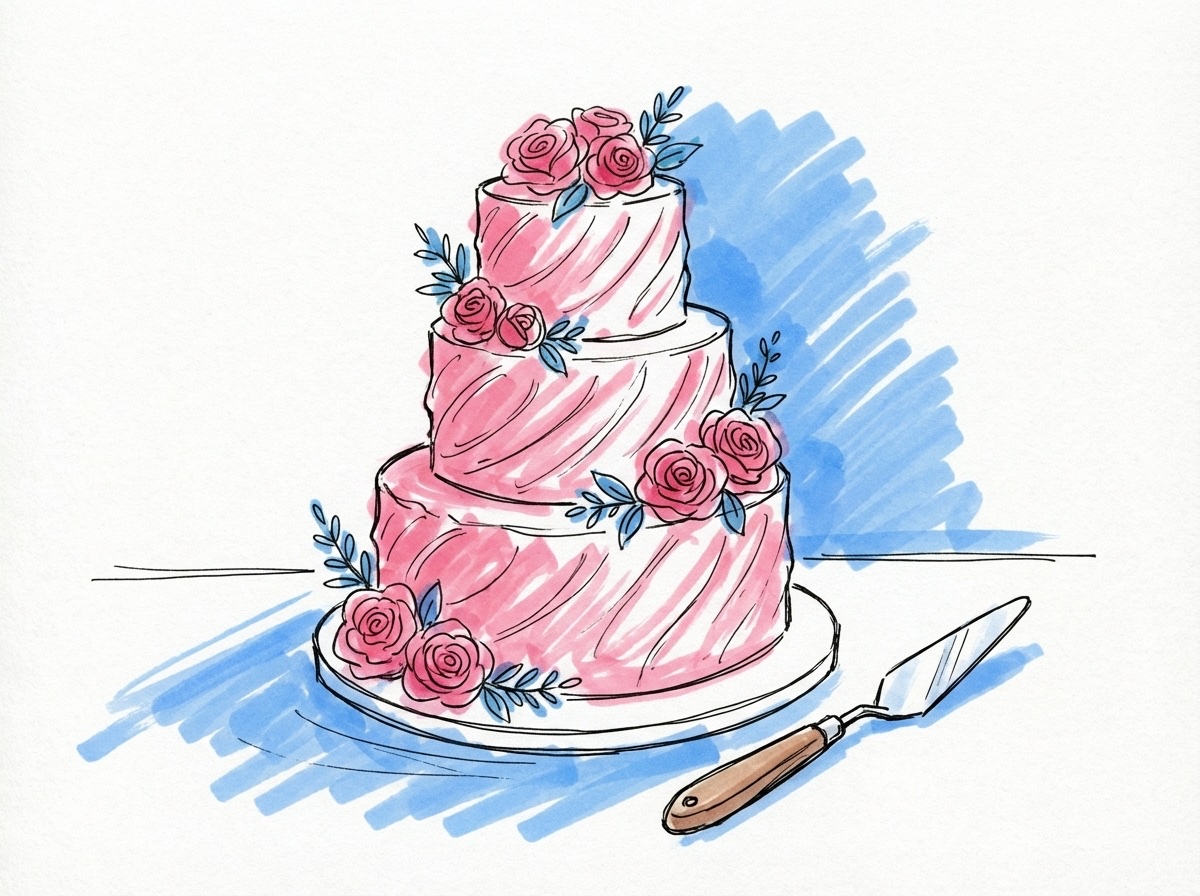 En flervånings bröllopstårta med virvlad smörkrämsfrosting dekorerad med rosor och grönska, med en palettkniv bredvid, i Lovios rosa och blå illustrationsstil