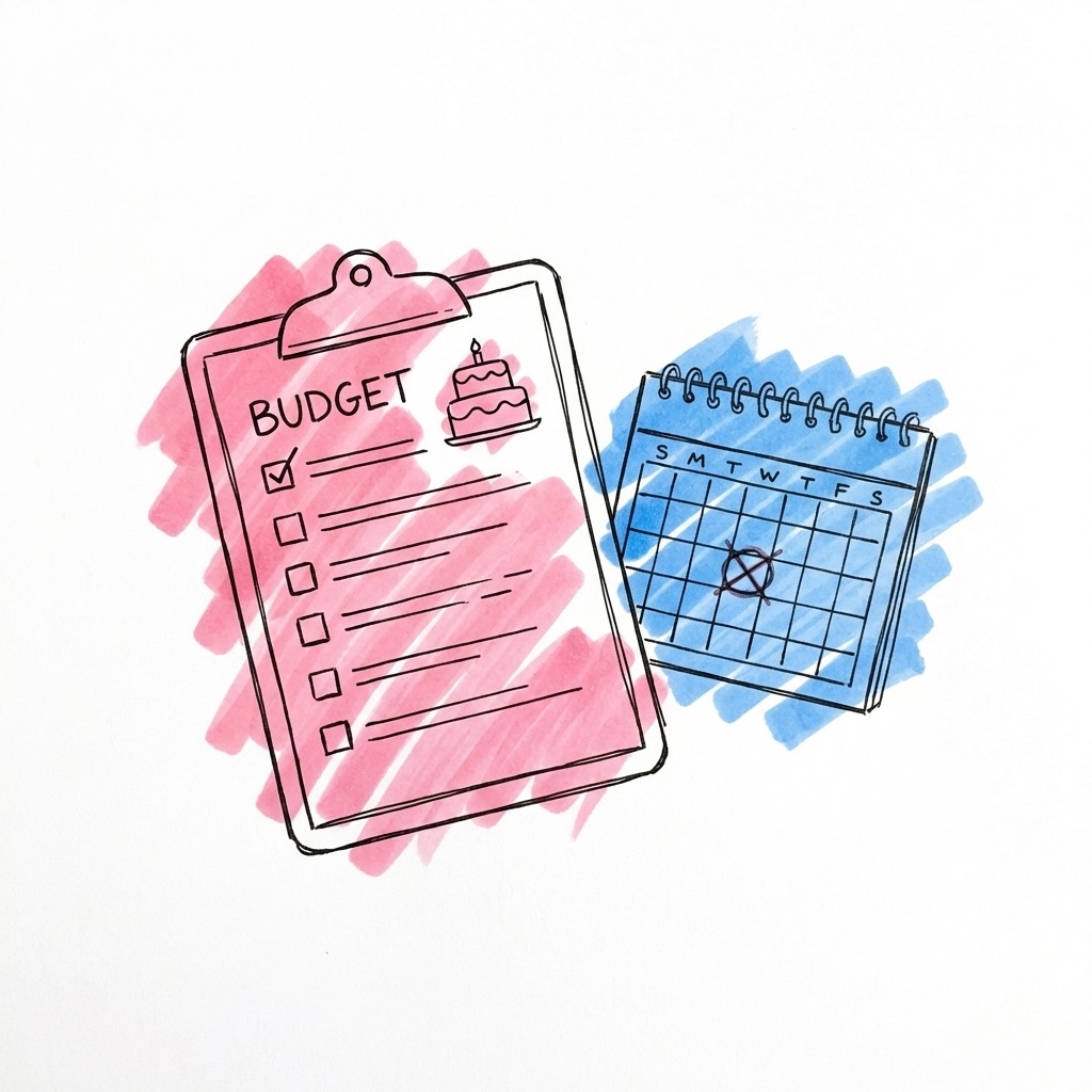 En clipboard med en budgetchecklista och en liten tårtikon bredvid en kalender med ett markerat datum, planering och budgeteringskoncept, i Lovios rosa och blå illustrationsstil