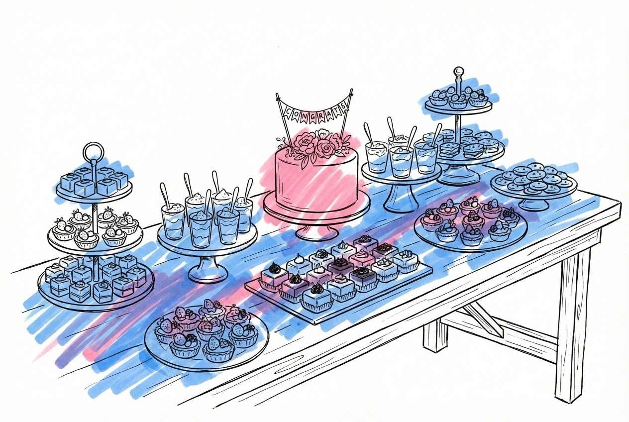 Ett långt dessertbord med assorterade minitårtor, petit fours, tartletter och en liten skärtårta i mitten, en riklig och festlig uppläggning, i Lovios rosa och blå illustrationsstil