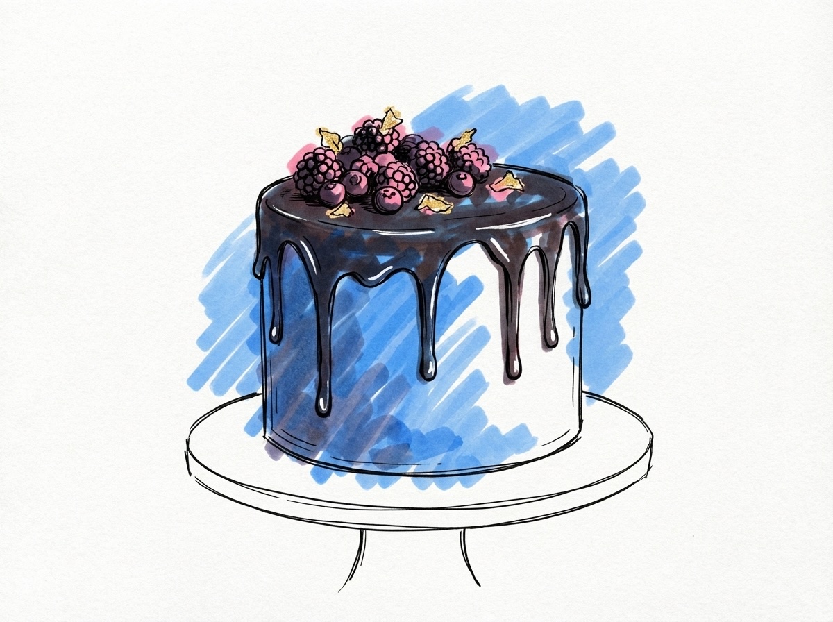 En enkelvånings chokladganachetårta med glansig chokladdropp, guldblad och mörka bär på toppen, elegant och dramatisk, i Lovios rosa och blå illustrationsstil
