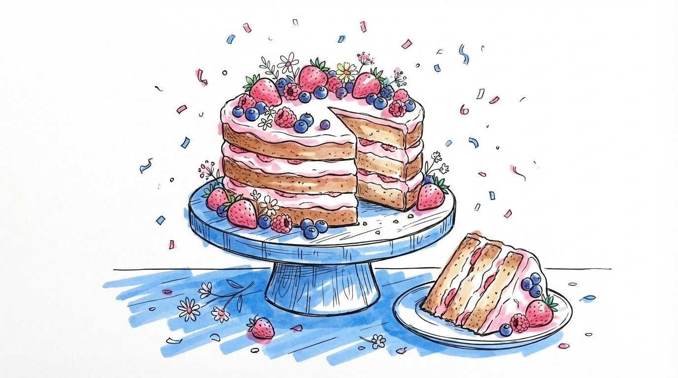 En vacker naked cake på ett rustikt tårtfat, dekorerad med färska bär och blommor, med en skuren skiva som visar de lagerrika bottnarna, i Lovios rosa och blå illustrationsstil